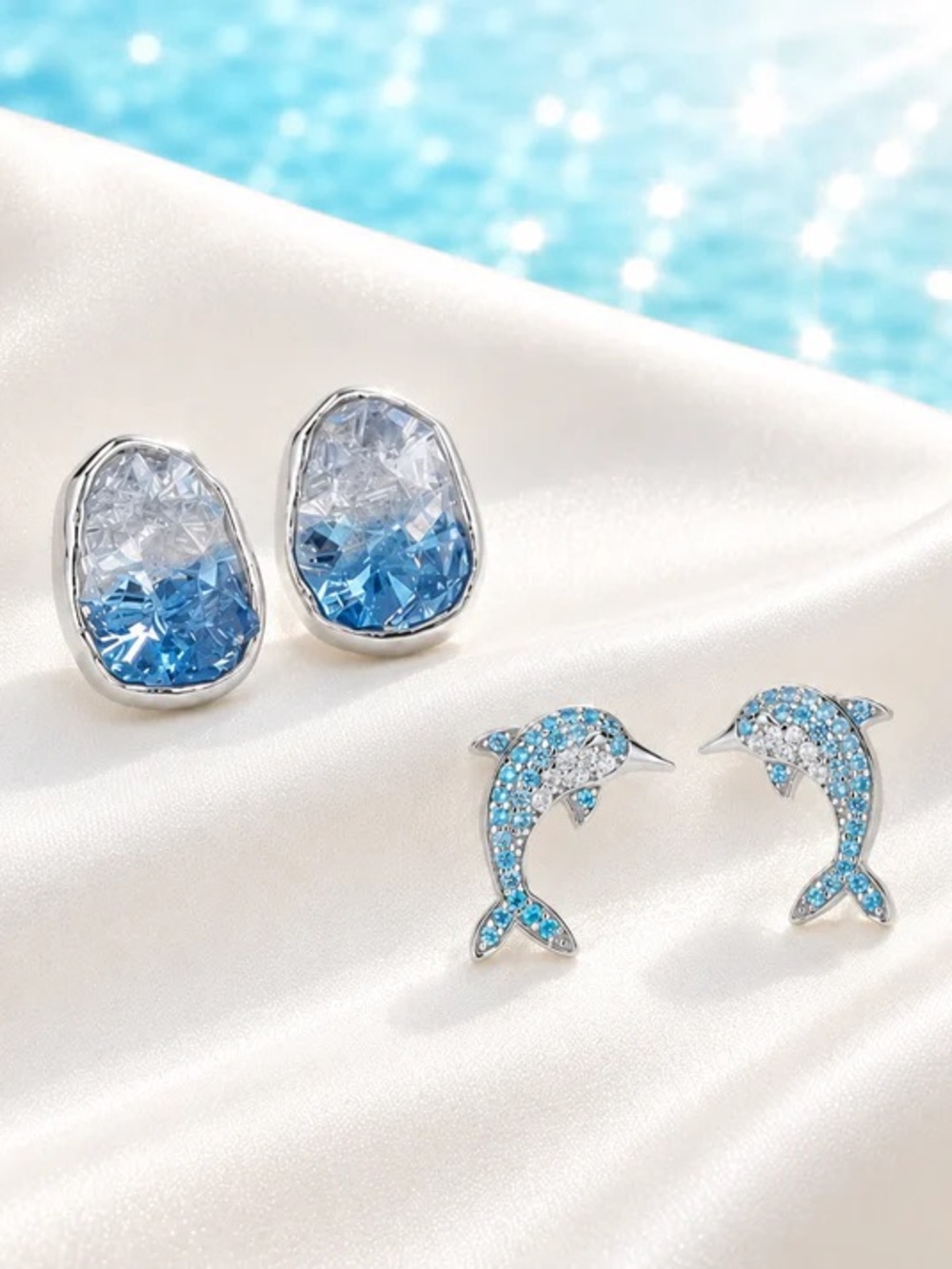 Blue Crystal Dolphin and Ombre Stud Earring Set